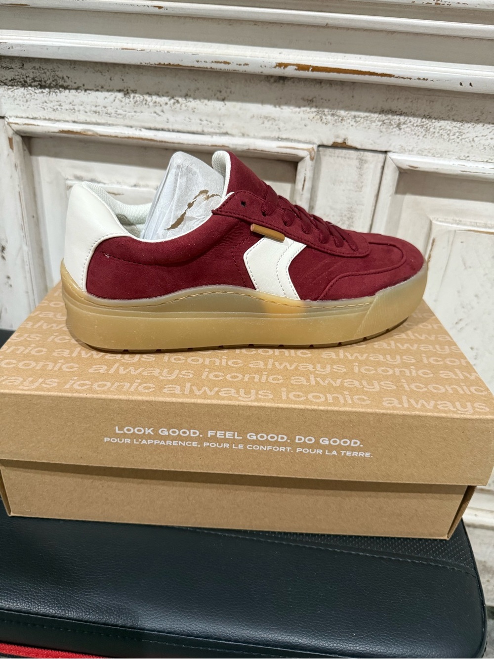 Dr. Scholl's Burgundy Suede Low-Top Sneaker with White Heel Accent